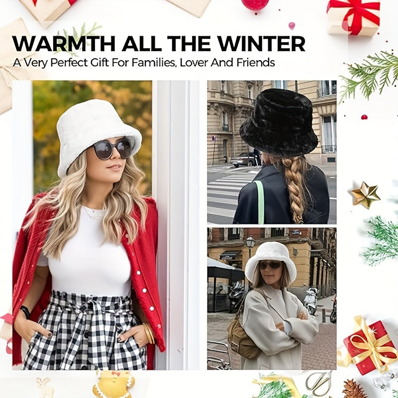 Faux Fur Winter Bucket Hat Fluffy Warm Hat Women's Furry Fisherman Cap