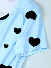 Heart Print Pajama Set Short Sleeve Top & Long Pants Women's Loungewear