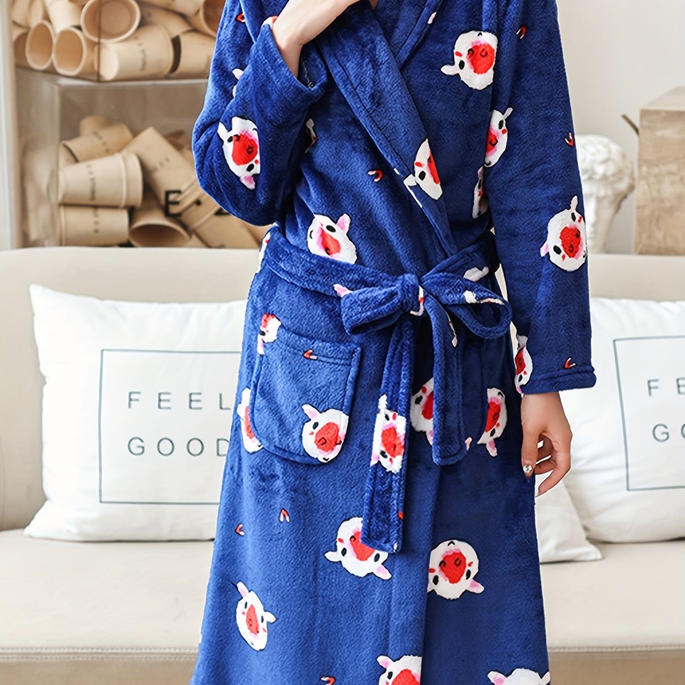 Women's Pig Print Fuzzy Lounge Robe Long Sleeve Warm Robe