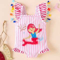 Toddler Girls Mermaid Embroidery Striped Ruffle Trim Swimsuit