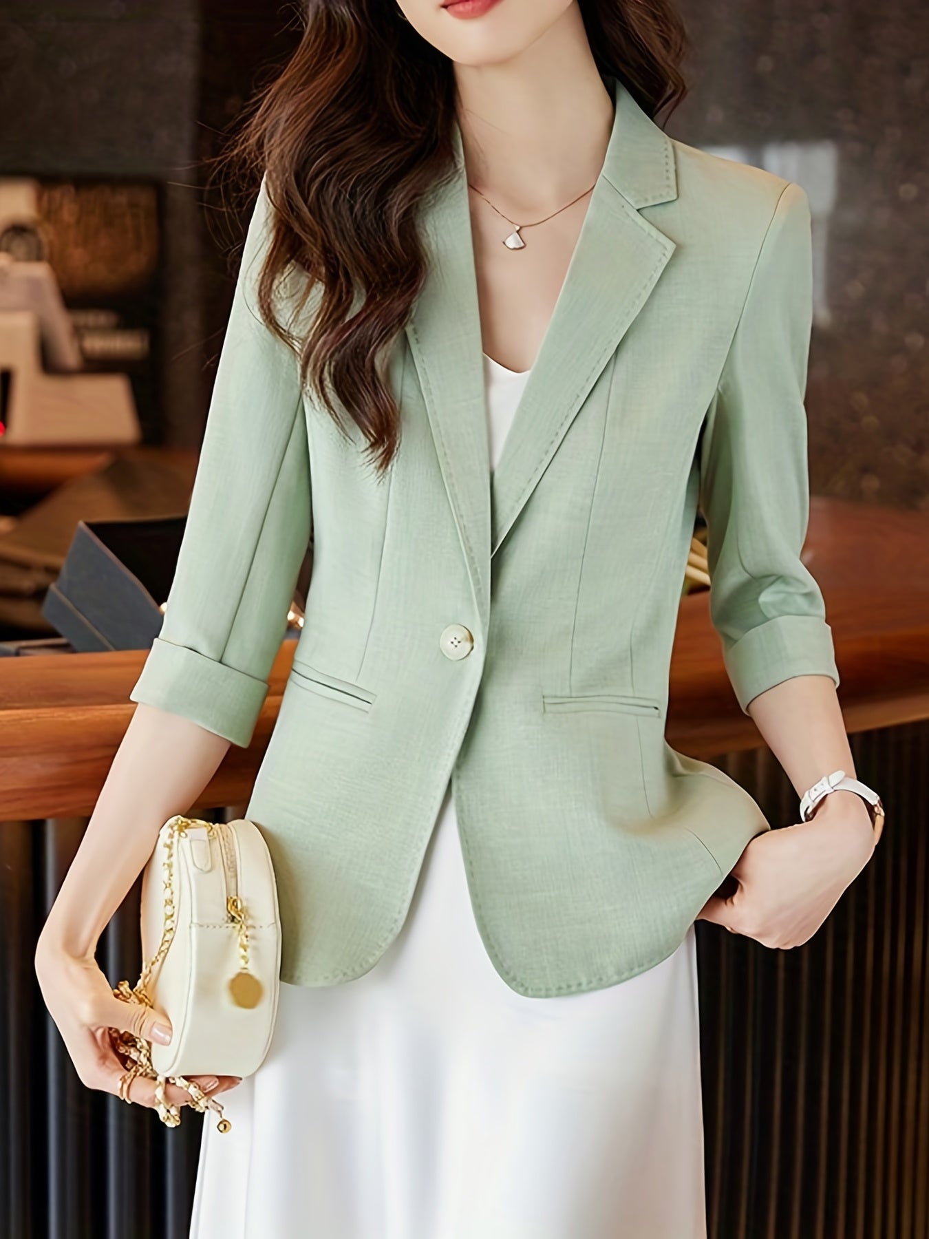 Button Front Blazer Lapel Roll-Up Sleeve Blazer