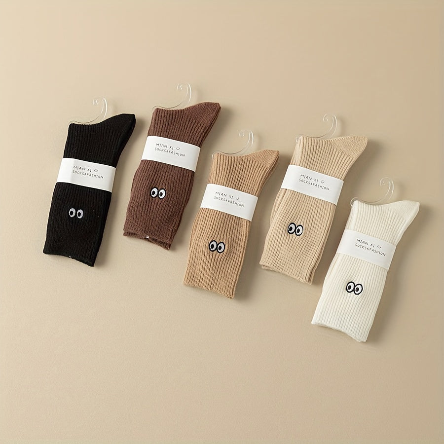 5 Pairs Eyes Embroidery Socks Comfy Mid Tube Stockings