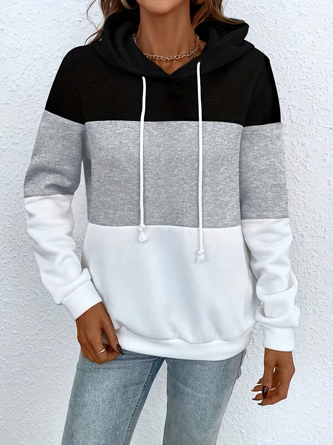 Drawstring Block Hoodies Casual Long Sleeve Sweatshirt