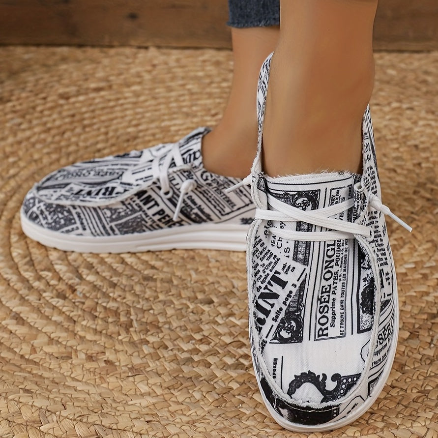 Women's Newspaper Print Canvas Loafers Lightweight Walking Shoes