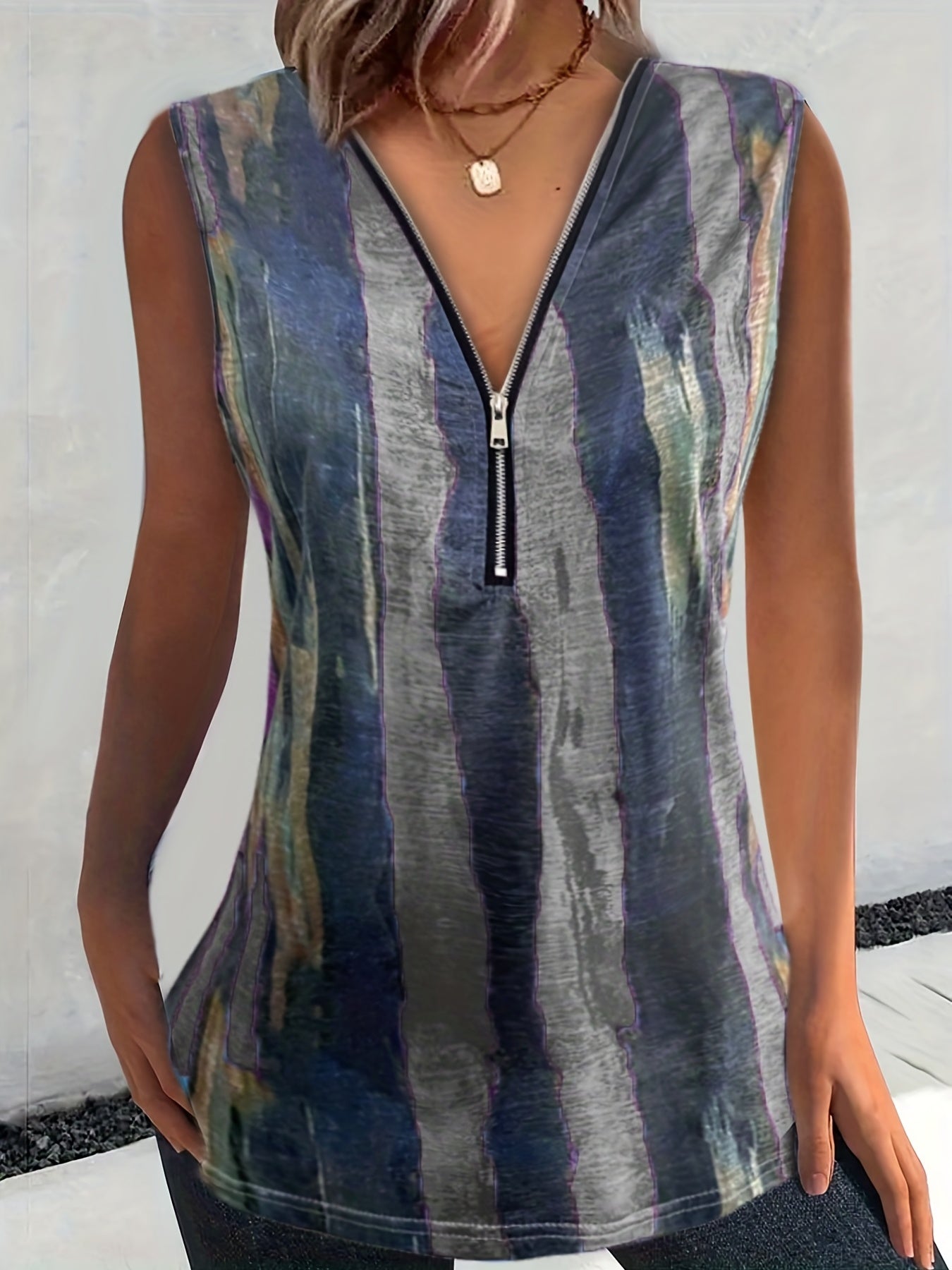 Colorblock Brush Print Zipper V Neck Tank Top
