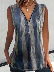 Colorblock Brush Print Zipper V Neck Tank Top