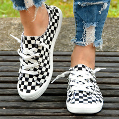 Women's Checkerboard Flat Canvas Shoes Lace up Low Top Casual Walking Shoes