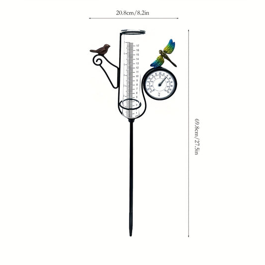 Outdoor Bird & Dragonfly Art Rain Gauge with Thermometer, 68cm Metal Frame