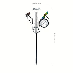 Outdoor Bird & Dragonfly Art Rain Gauge with Thermometer, 68cm Metal Frame