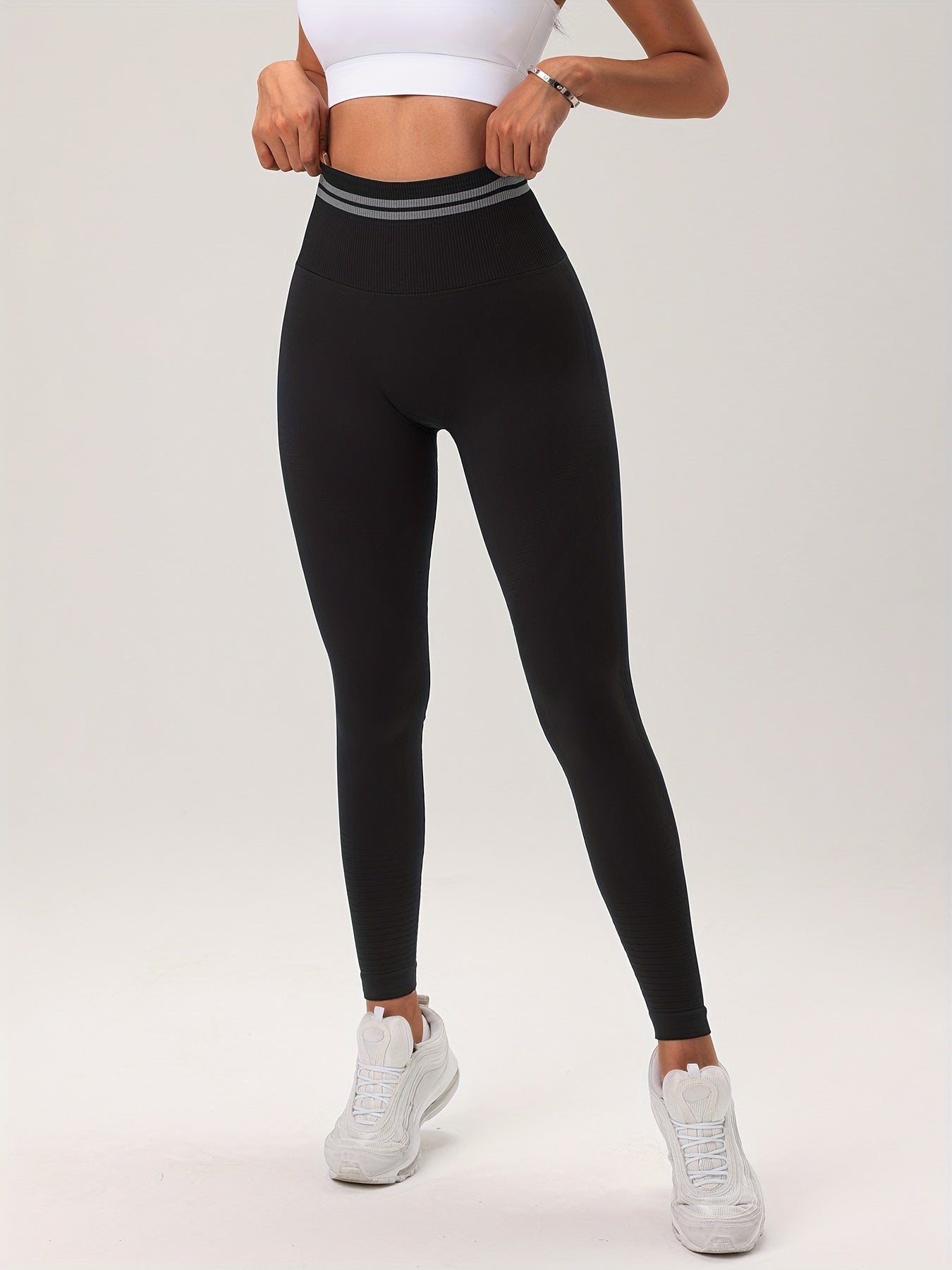 Solid Striped Waist Yoga Sports Leggings Butt Lifting Workout Pants