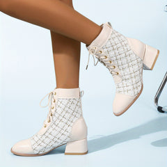 Plaid Chunky Heel Combat Boots Lace Up Square Toe Comfort Dress Boots