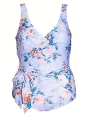 Floral Print Surplice Neck One Piece Swimsuit With Belt