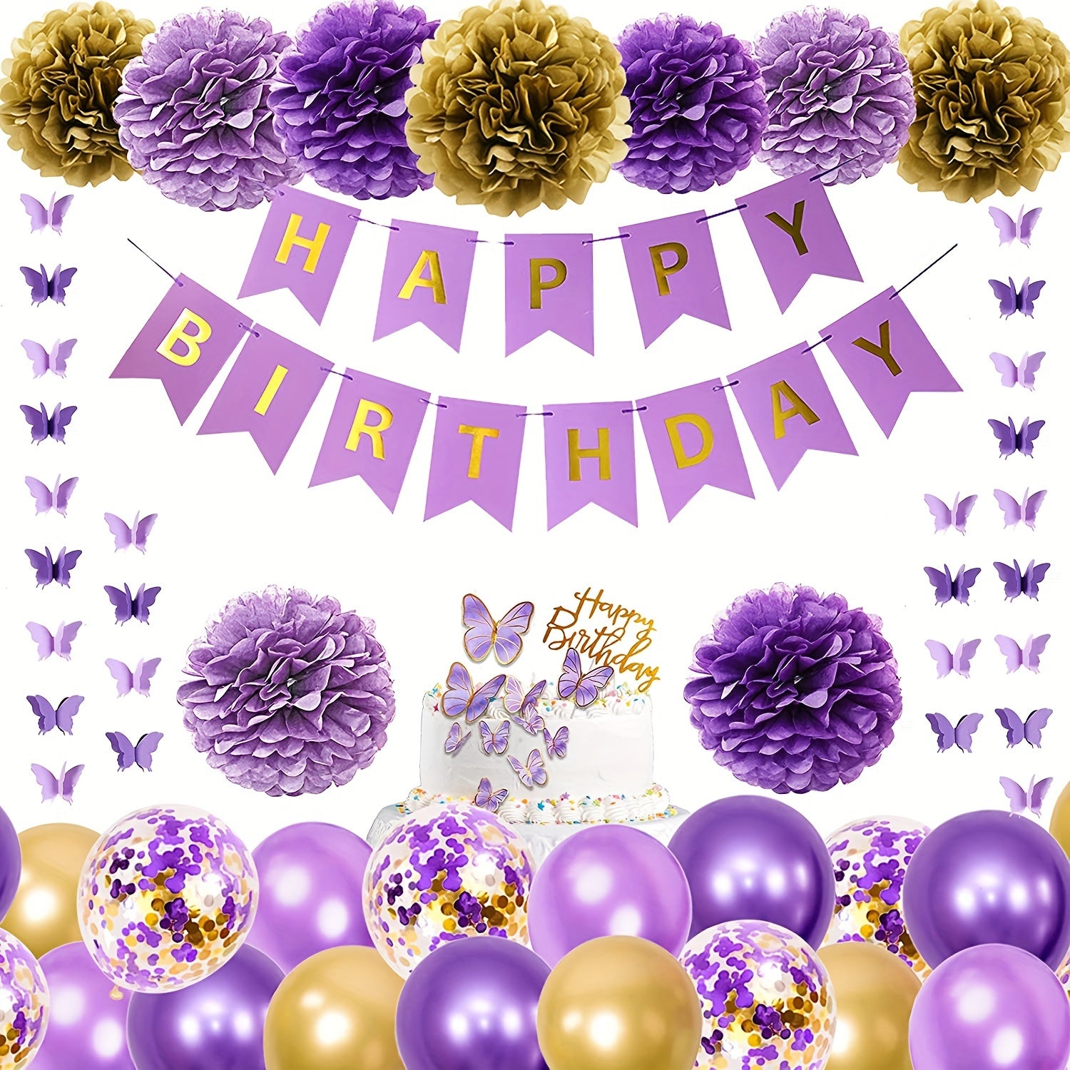 Purple Birthday Decorations Butterfly Garland Balloons Flowers Cake Toppers