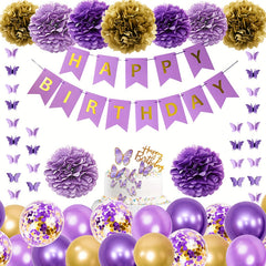 Purple Birthday Decorations Butterfly Garland Balloons Flowers Cake Toppers