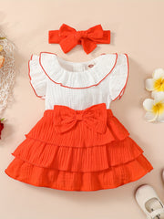 2pcs Baby Girls Bowknot Ruffle Sleeve Dress & Headband Set