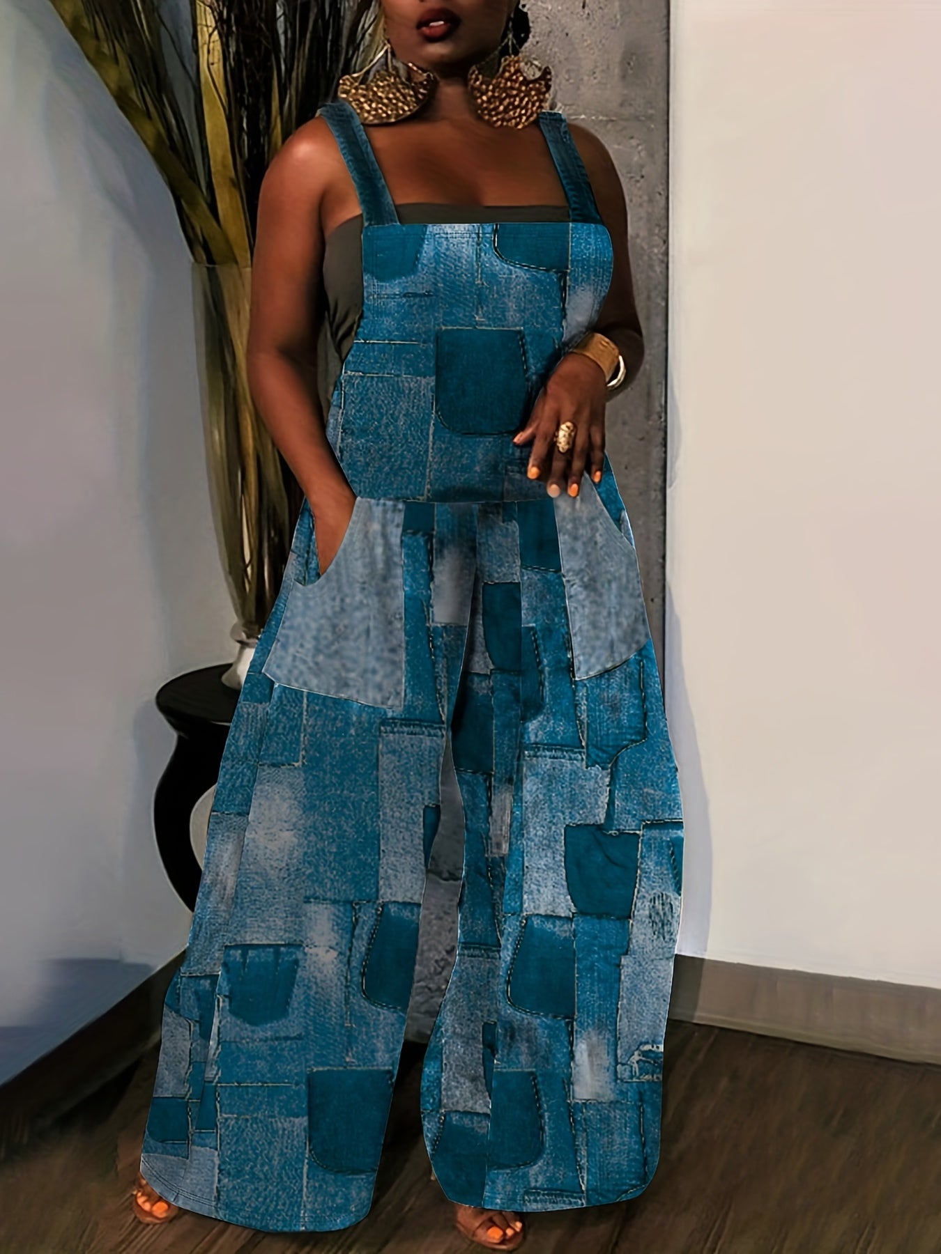Women's Plus Denim Print Square Neck Wide Leg Jumpsuit