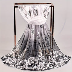 Vintage Leaf Print Chiffon Scarf Thin Shawl Breathable Gauze Head Wrap