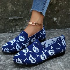 Women's Skull Print Slip On Flat Shoes Lightweight Knit Halloween Shoes