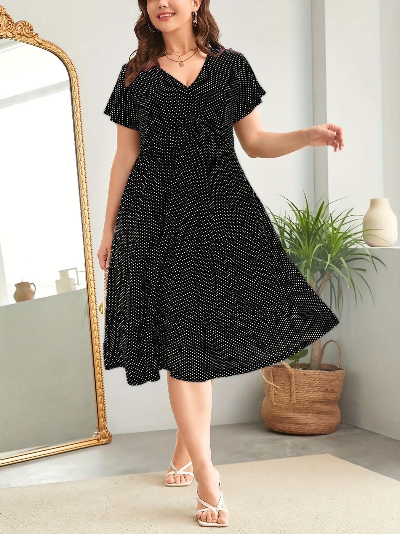Dot Print Short Sleeve Maxi Dress Plus Size V Neck