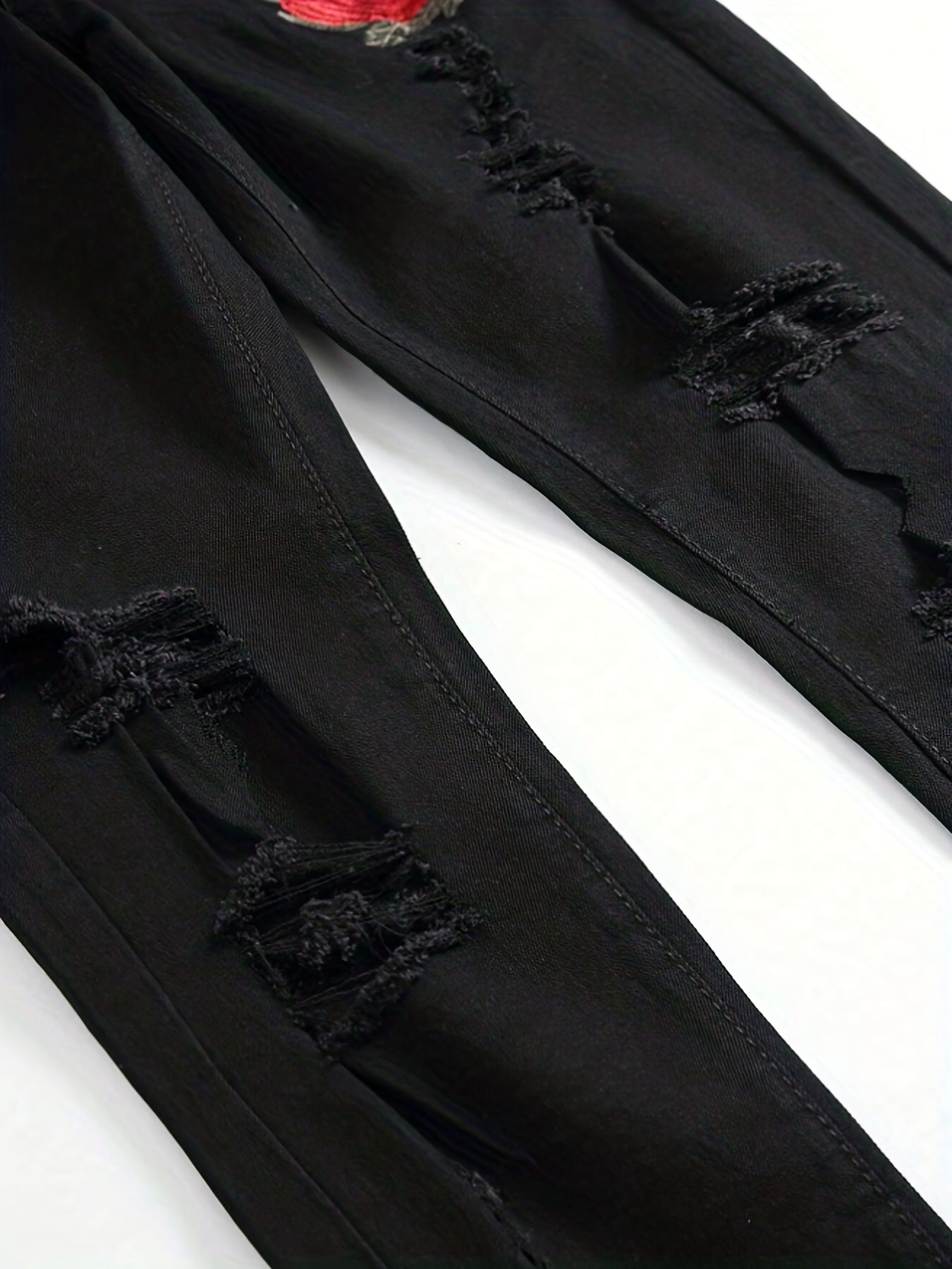 Slim Fit Rose Embroidery Ripped Jeans Men's Casual Street Style Stretch Denim