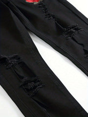 Slim Fit Rose Embroidery Ripped Jeans Men's Casual Street Style Stretch Denim