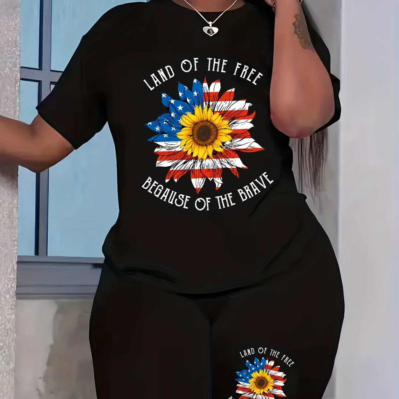 Women's Plus Flag Sunflower & Slogan Print Top & Shorts Outfit Set