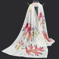 Maple Leaf Print Chiffon Scarf Silk Shawl Casual Windproof Head Wrap