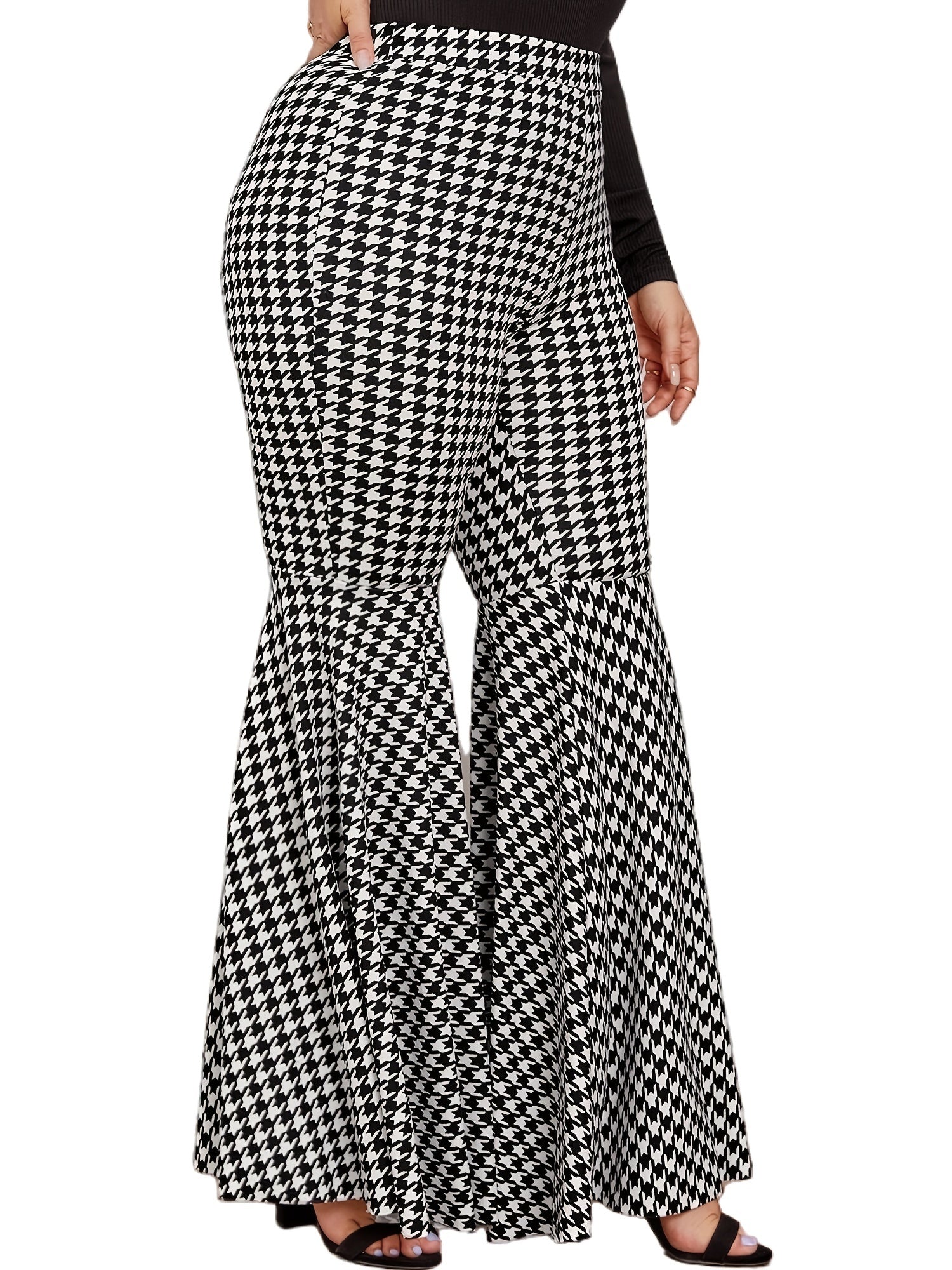 Houndstooth Flared Pants Retro High Rise Plus Women's