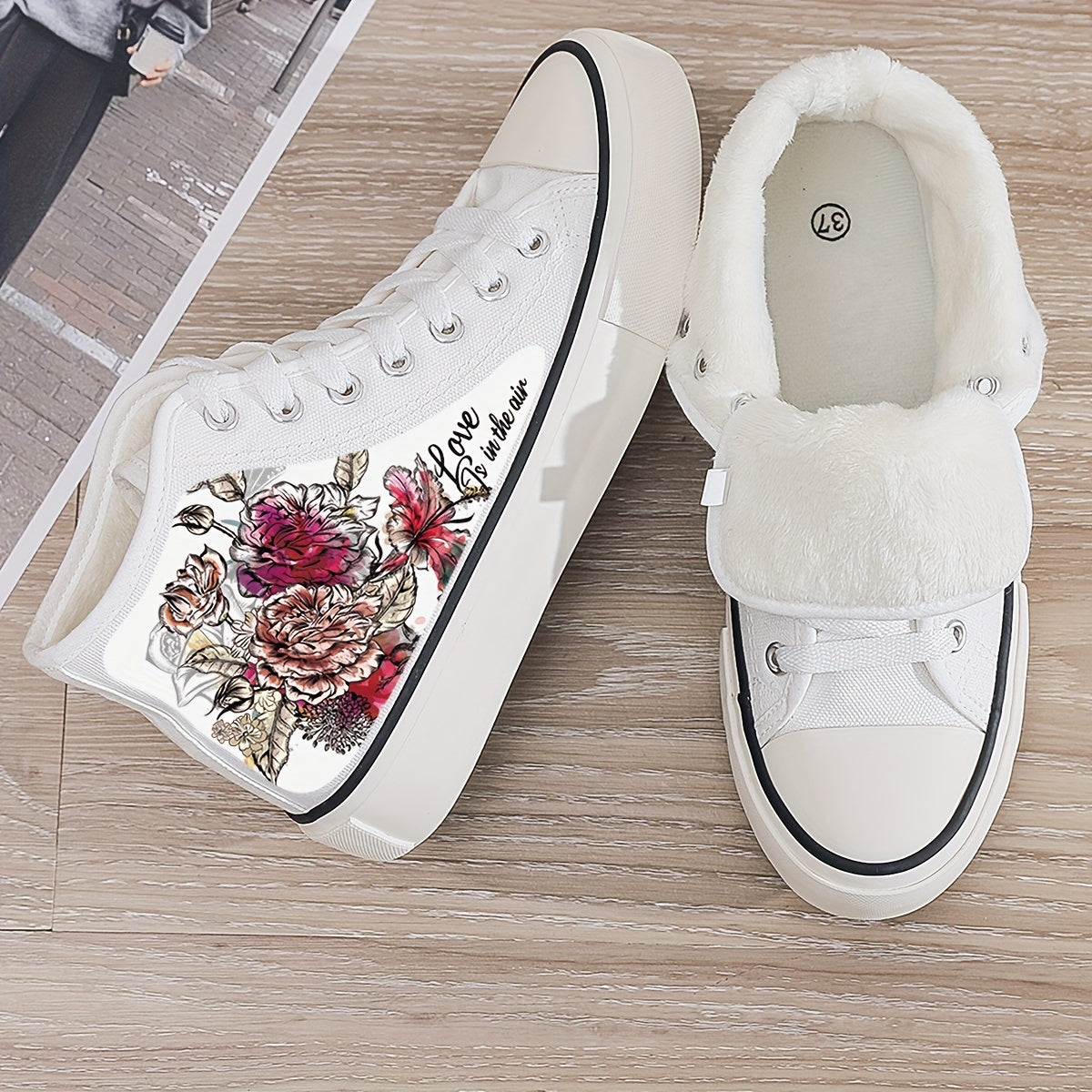 Floral Print Plush Lined Thermal Chunky Canvas Sneakers