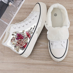 Floral Print Plush Lined Thermal Chunky Canvas Sneakers