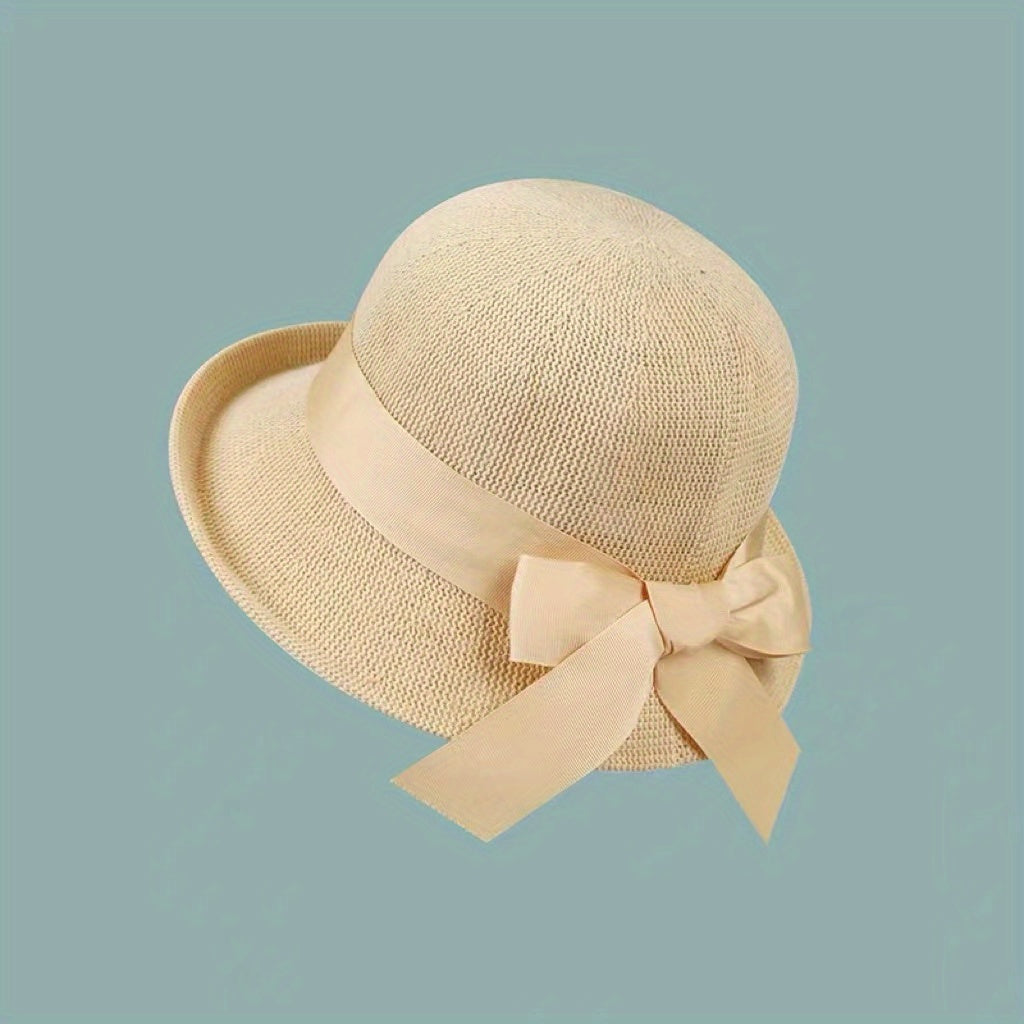 Short Brim Bucket Hat Ribbon Bowknot Sun Hat Solid Adjustable Travel Beach