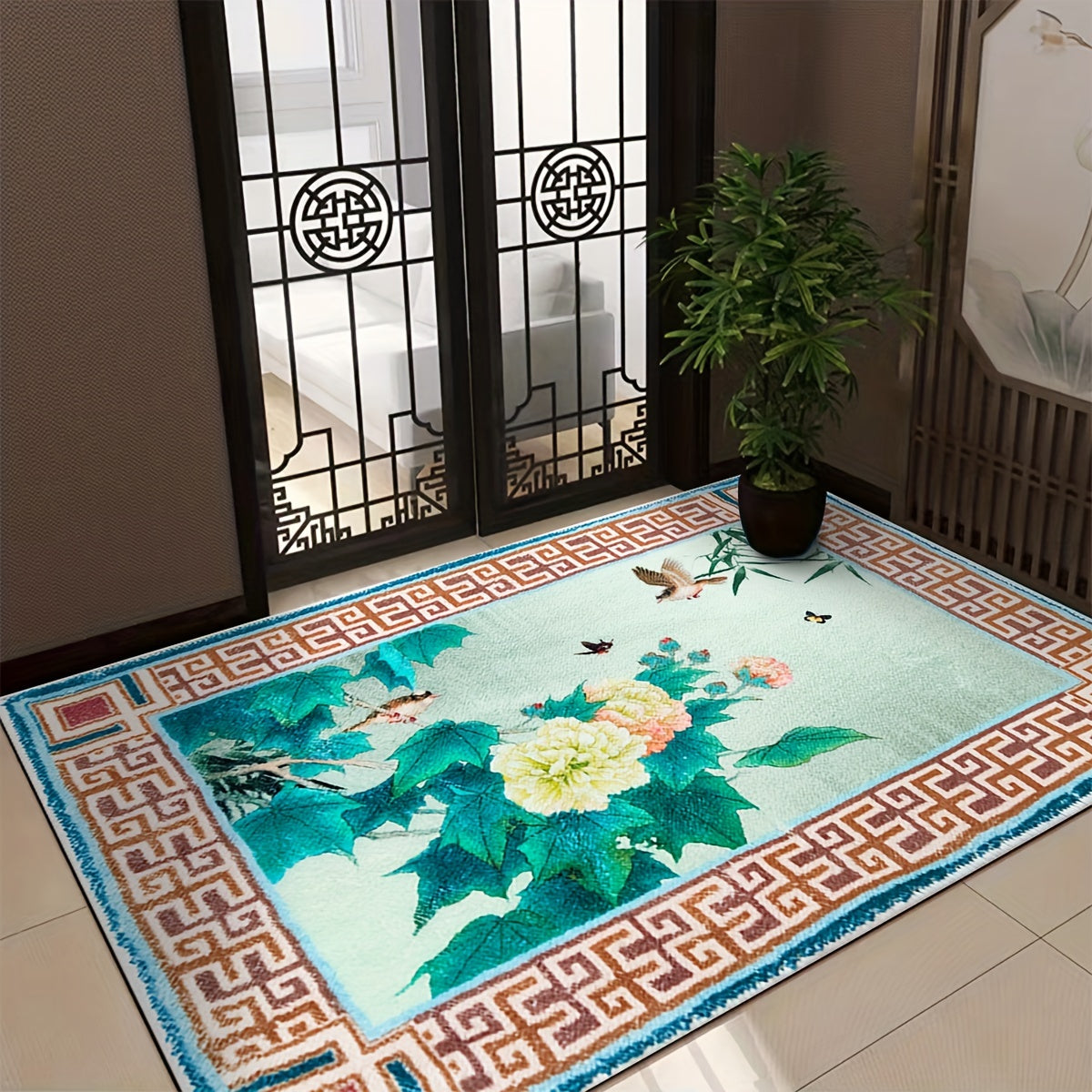 Chinese Flower Bird Print Living Room Rug Coffee Table Carpet