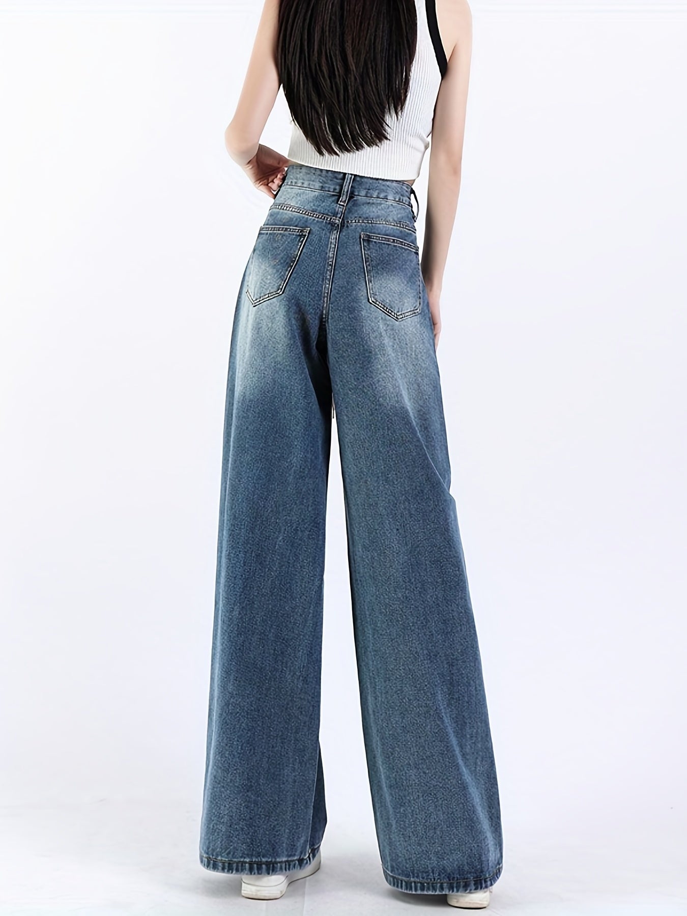 Wide Leg Straight Jeans Non Stretch Slash Pockets