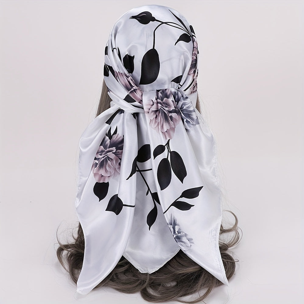 Rose Print Satin Bandana Large Square Scarf Silk Shawl Women Head Wrap