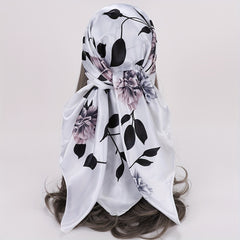 Rose Print Satin Bandana Large Square Scarf Silk Shawl Women Head Wrap