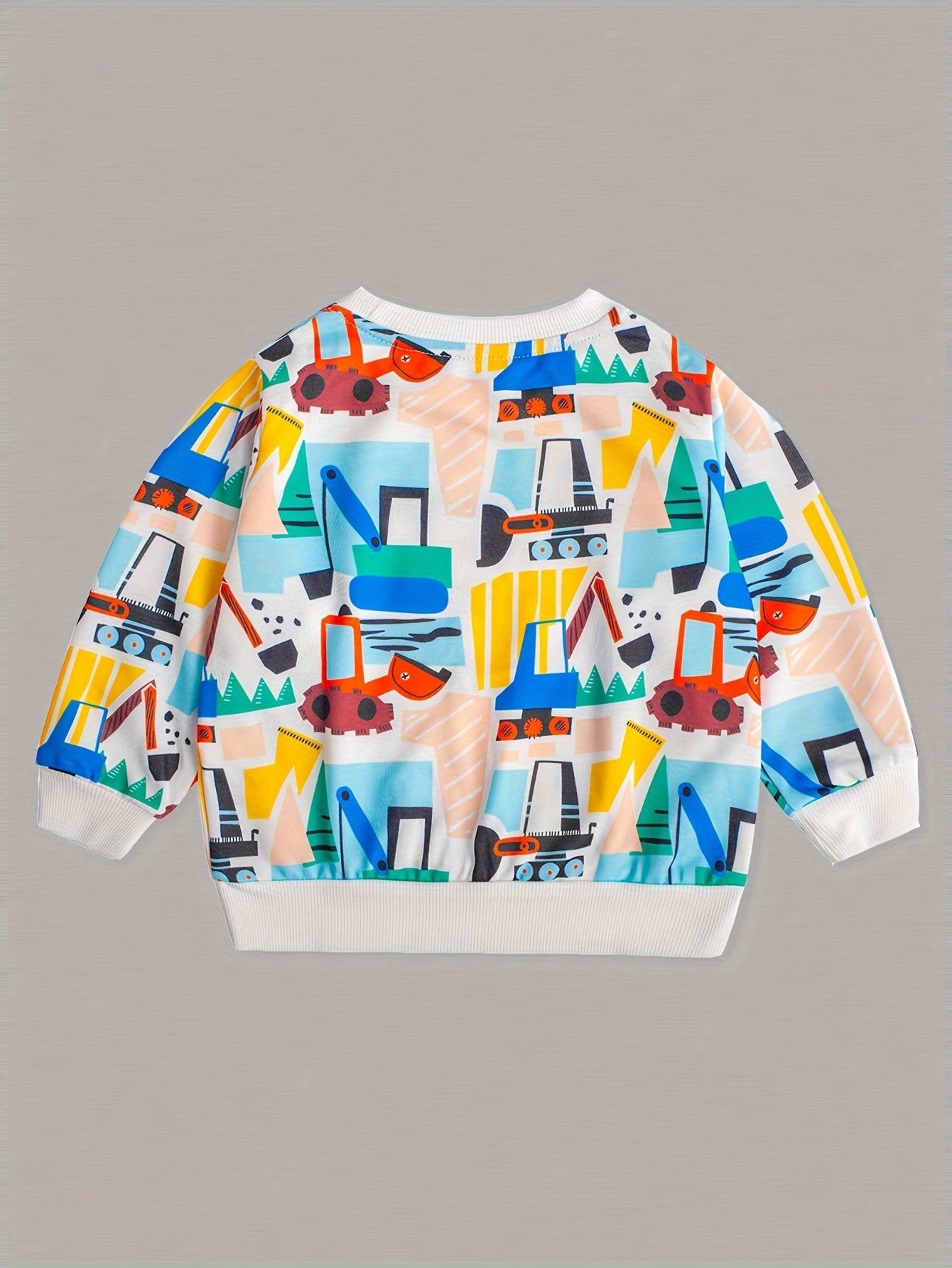 Excavator Pattern Boy's Long Sleeve T-shirt Block Loose Round Neck Casual Top