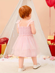 Baby Girls Shirred Mesh Layered Cami Dress With Bows On Shoulder