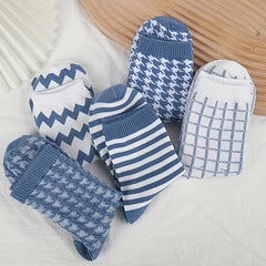 5 Pairs Plaid Striped Crew Socks