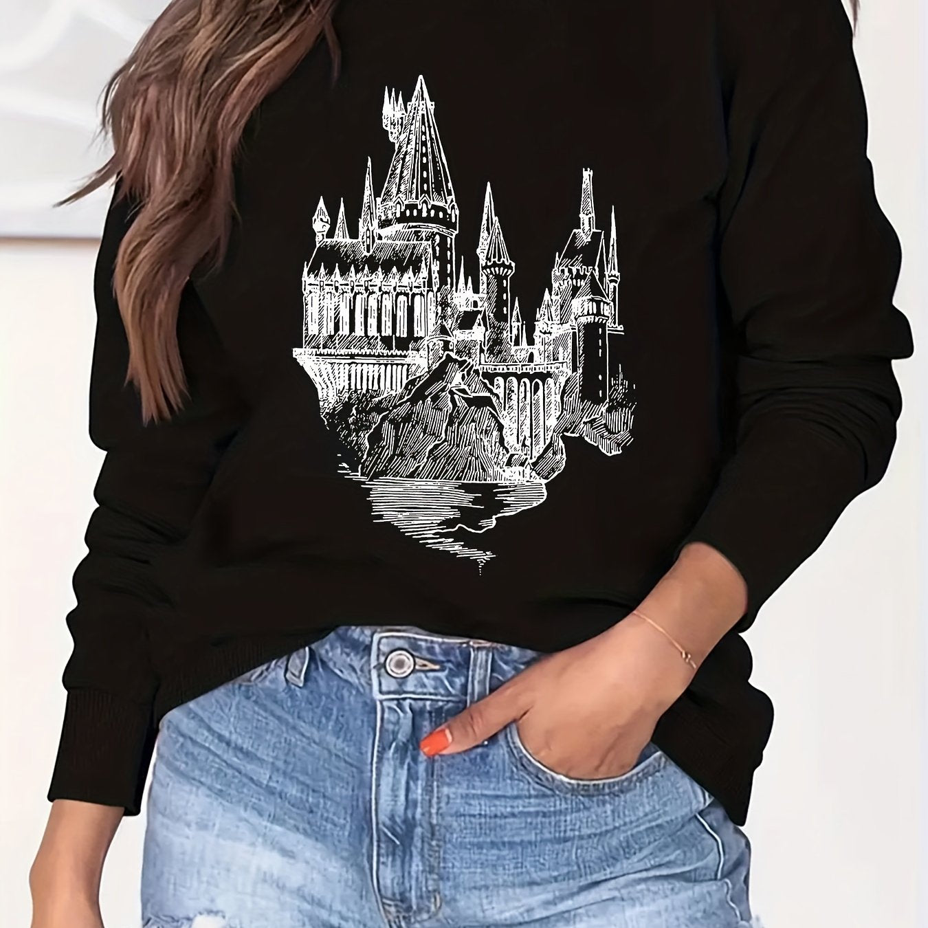 Castle Print Sweatshirt Crew Neck Long Sleeve Casual