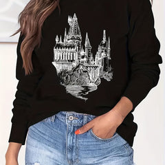 Castle Print Sweatshirt Crew Neck Long Sleeve Casual