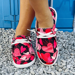Women's Love Heart Pattern Canvas Casual Lace Up Flat Sneakers