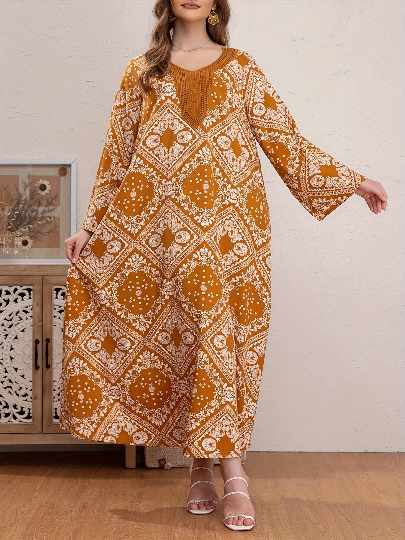 Plus Size Boho Abaya Dress Women's Plus Scarf Print Kaftan Dress