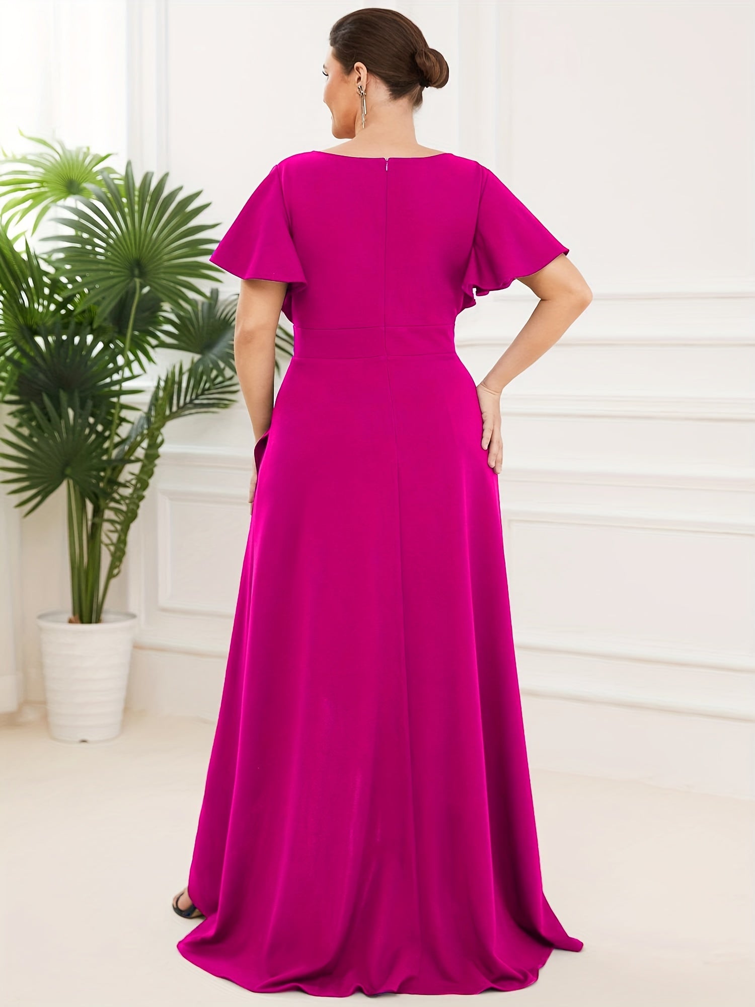 Solid Ruffle Trim Cap Sleeve Maxi Dress Women's Plus Medium