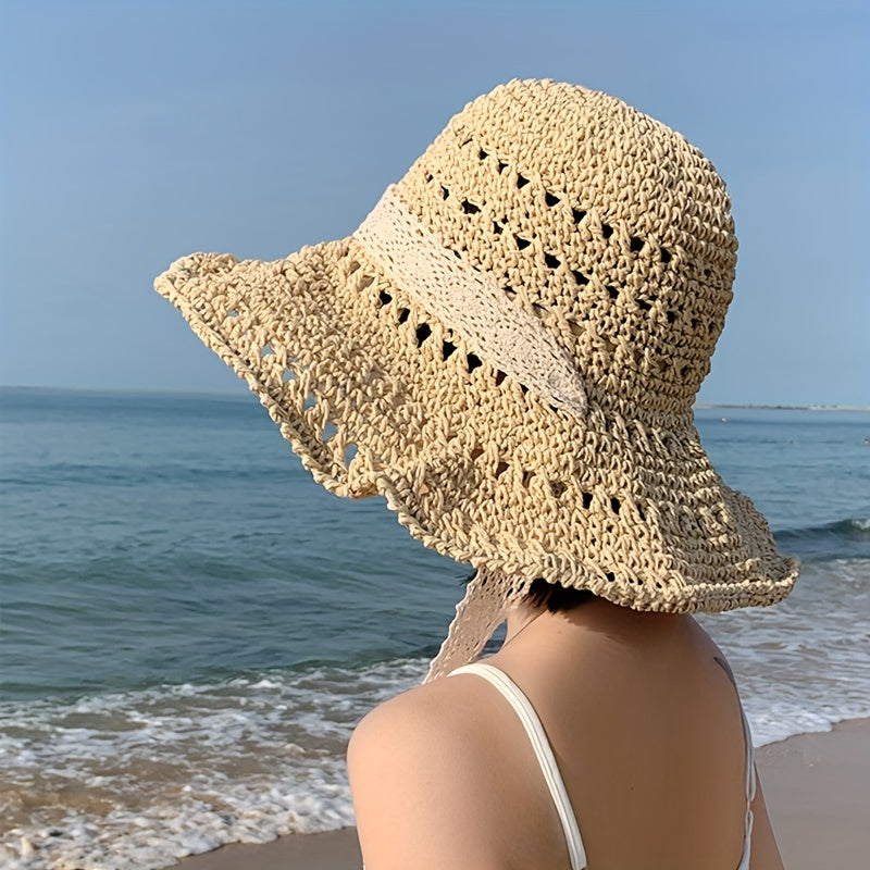 Hollow Crochet Bucket Hat Lace Ribbon Tie Wide Brim Straw Sun Hat