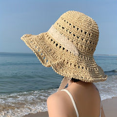Hollow Crochet Bucket Hat Lace Ribbon Tie Wide Brim Straw Sun Hat