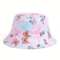Pink Butterfly Bucket Hat Lightweight Tie Dye Sunscreen Fisherman Cap