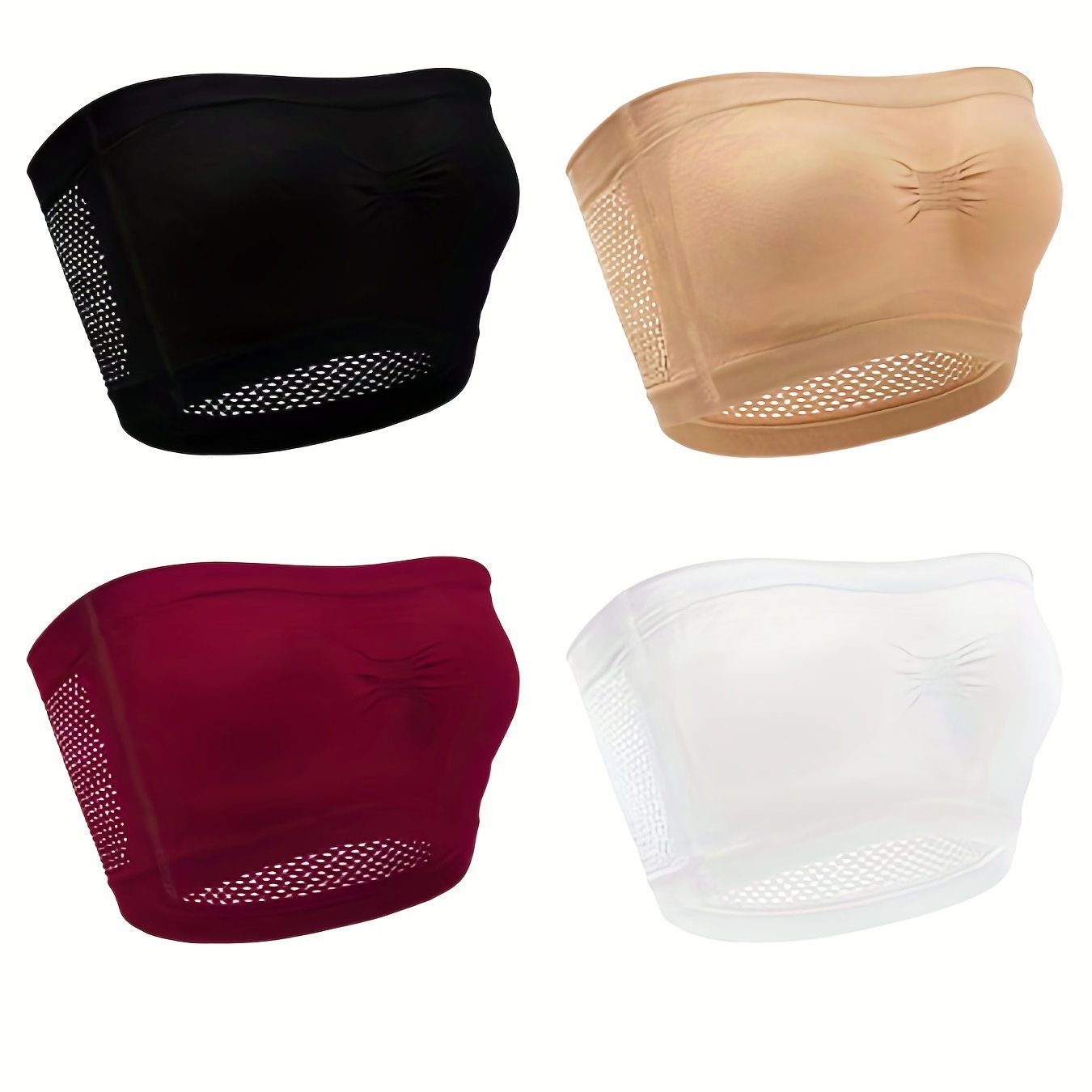 4 Pack Plus Size Basic Tube Bra Women's Plus Plain Ruched Eyelet Embroidered Tub