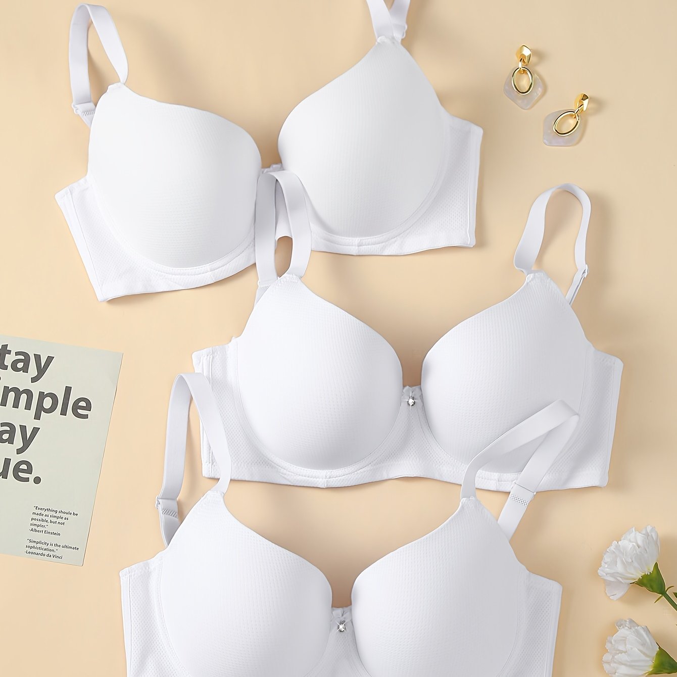 3 Pack Plus Size Rhinestone Decor Seamless Padded Bra Set
