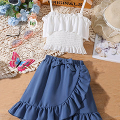 Girls Suspender Dress Set Sleeveless Top Elastic Skirt With Bow
