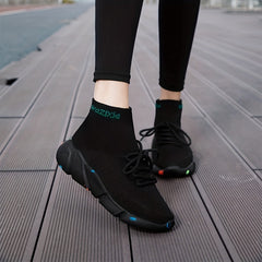 Women's High Top Sock Sneakers Comfy Knit Slip On Lace Up Sports Shoes